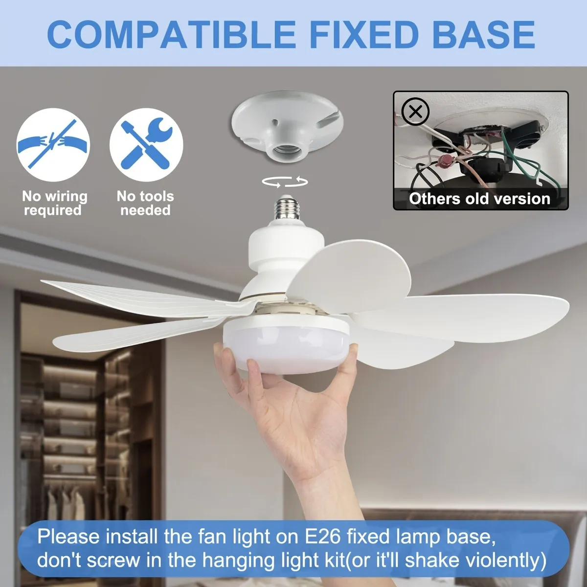 Socket Fan Light, 21.5" Screw Ceiling Fan with Light and Remote, E27 Socket Fan - Image 2