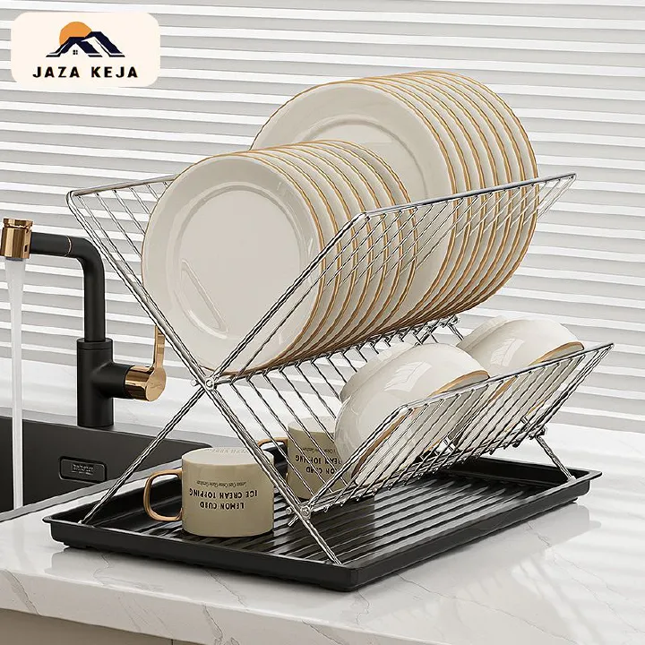 Foldable Dish Drying Rack with Drip Tray Stainless Steel 2 Tier Dish Drainer Rack Collapsible Dish Drainer