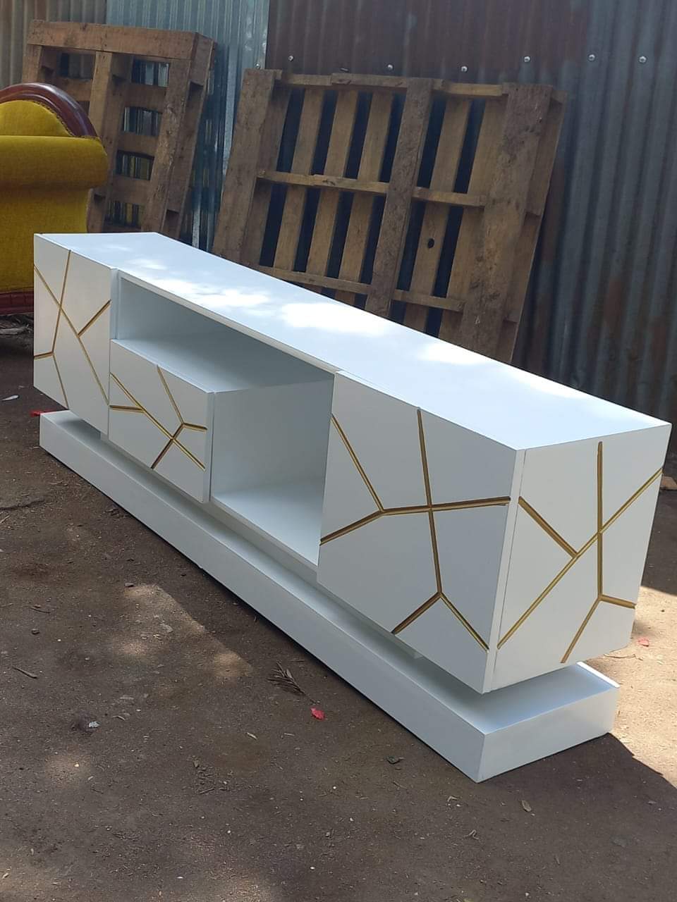 Stylish White and Gold themed Tv stand   5 1/2 ft