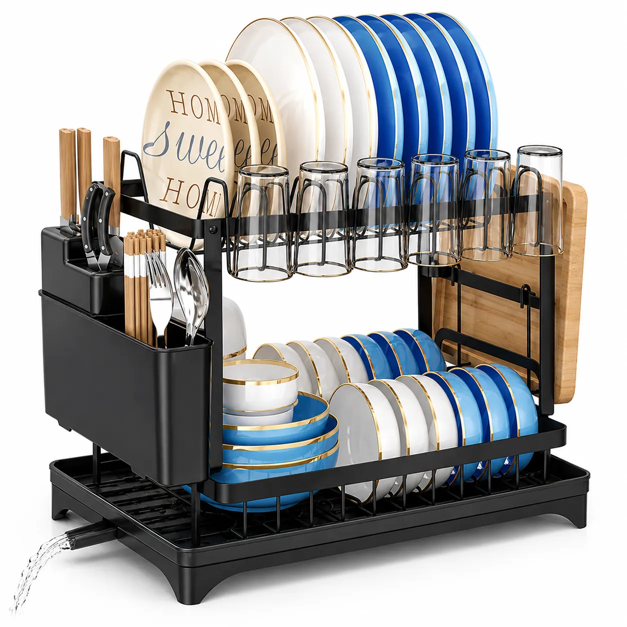 2-Tier Kitchen Dish Drying Rack with Drain Tray, Cup Holder, Cutlery Holder & Cutting Board Stand – Black