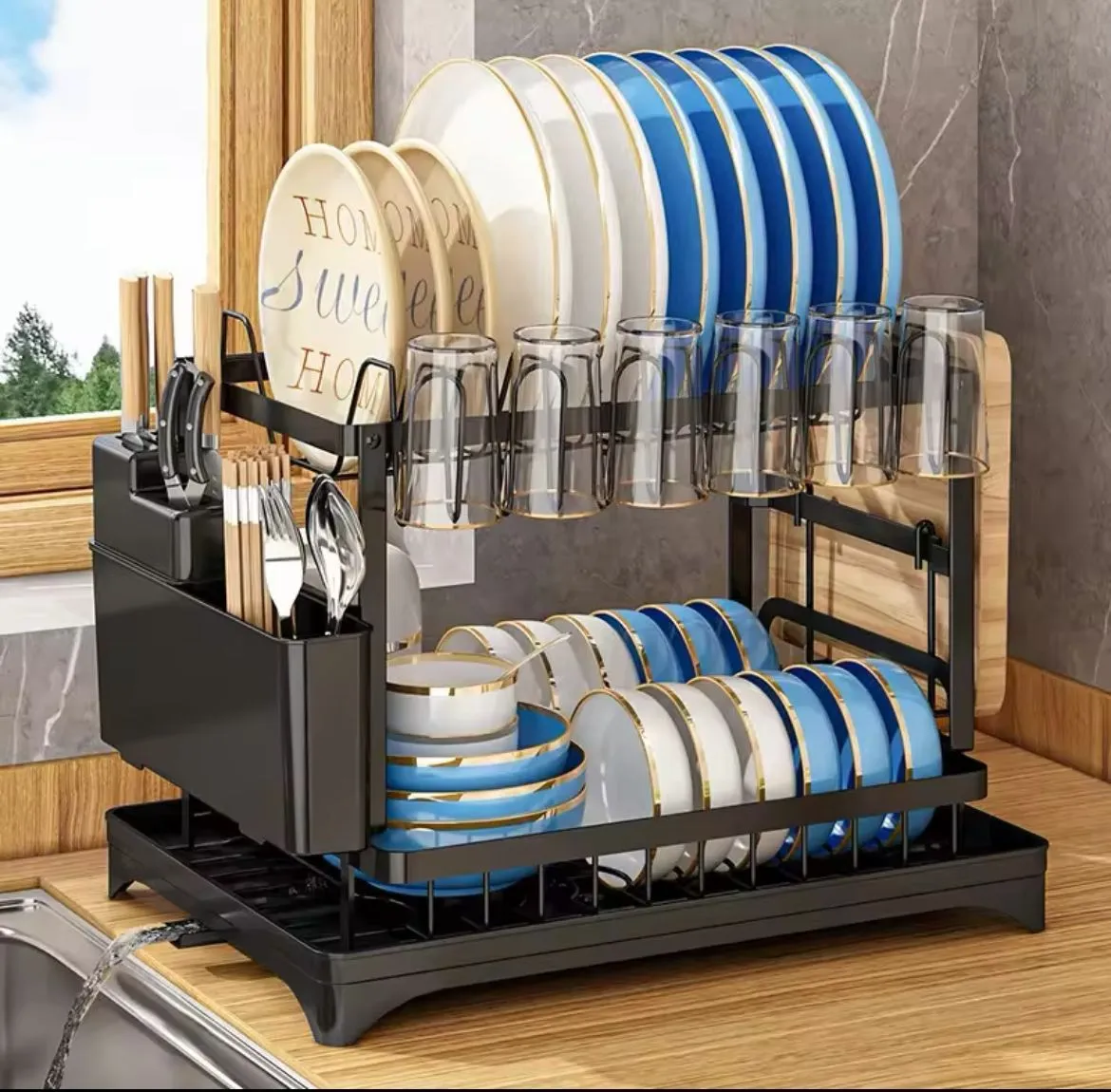 2-Tier Kitchen Dish Drying Rack with Drain Tray, Cup Holder, Cutlery Holder & Cutting Board Stand – Black - Image 2