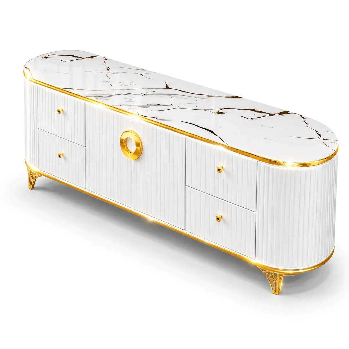 Luxury White & Gold Marble TV Stand Cabinet with Storage Drawers – Modern Entertainment Console - Image 2