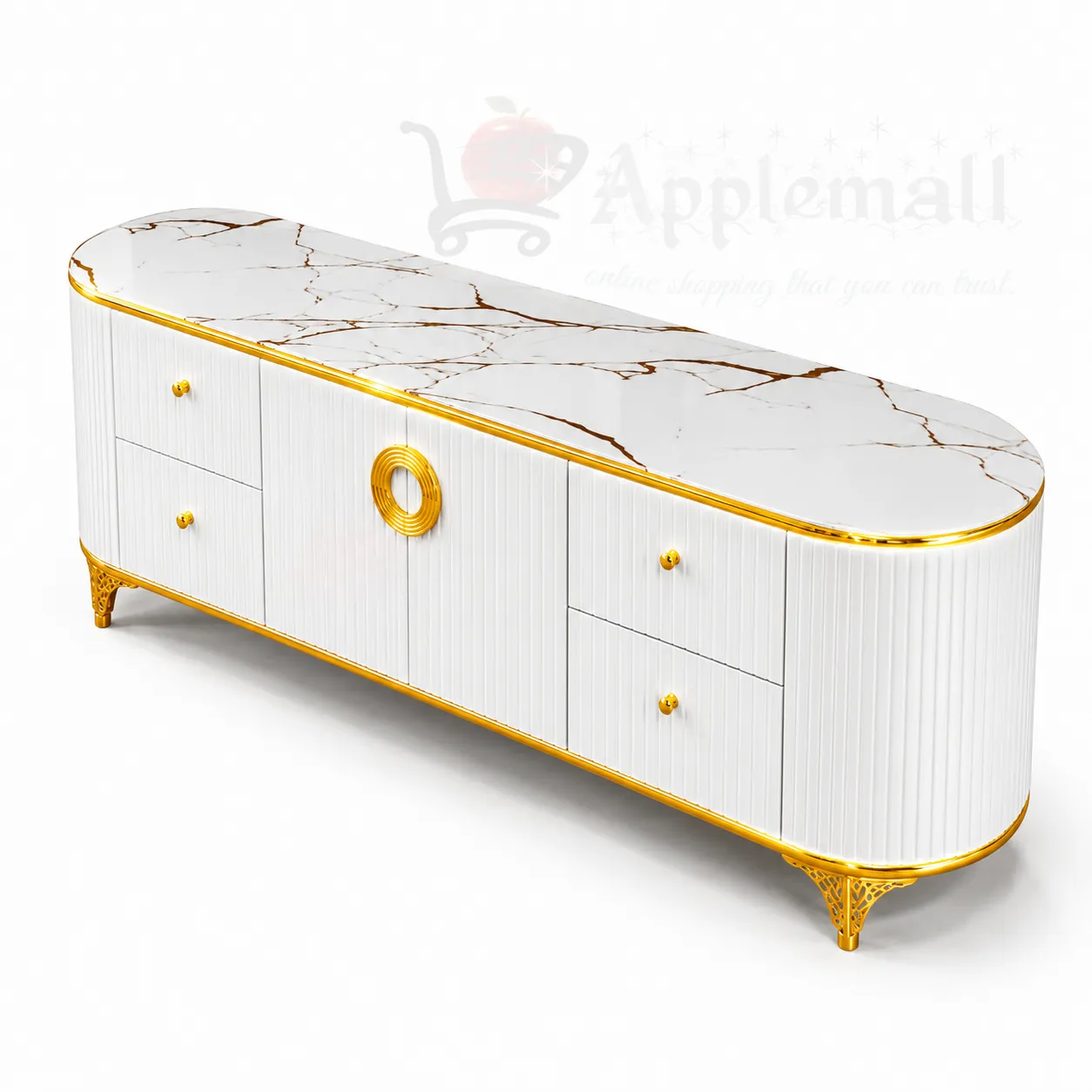 Luxury White & Gold Marble TV Stand Cabinet with Storage Drawers – Modern Entertainment Console