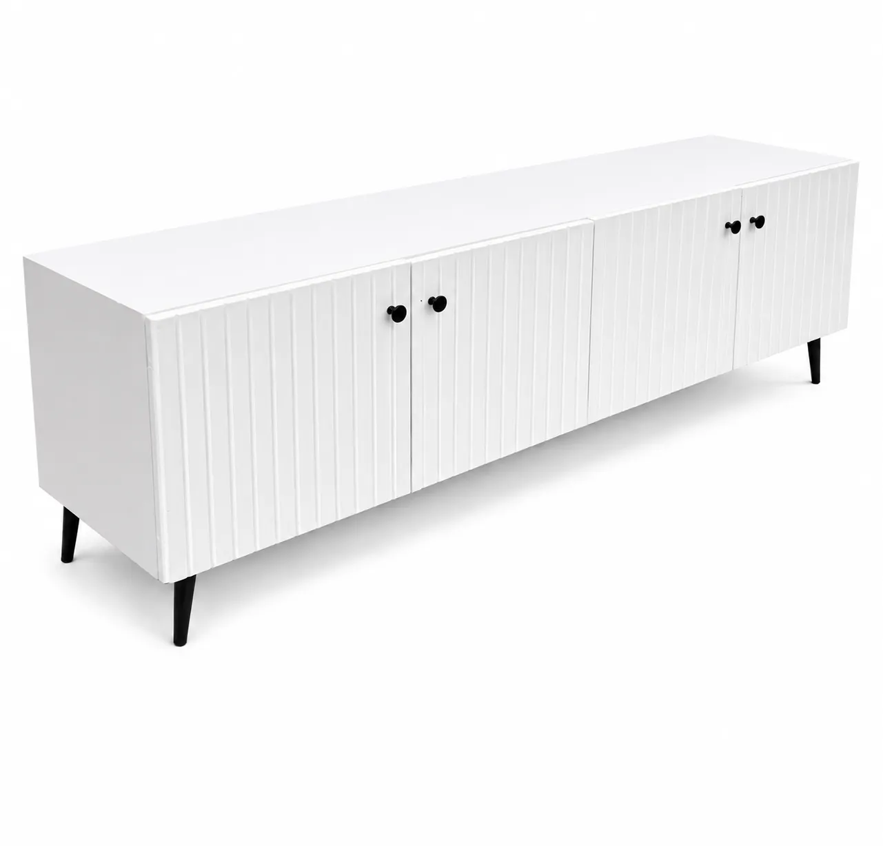Modern White Ribbed TV Cabinet / Entertainment Unit – 4 Door Storage Console