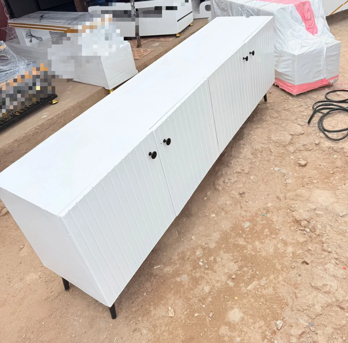 Modern White Ribbed TV Cabinet / Entertainment Unit – 4 Door Storage Console - Image 2