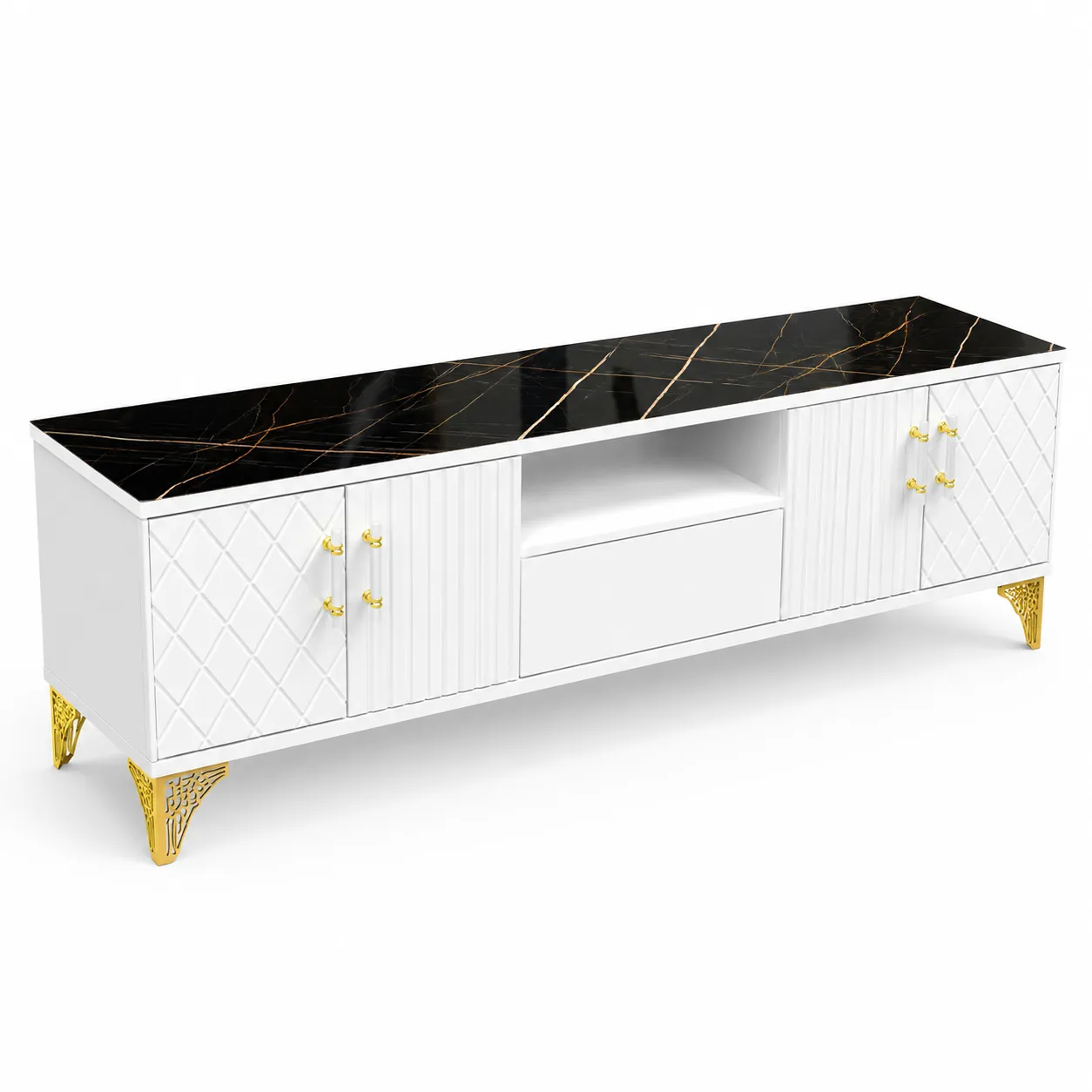 5.5FT Luxury Modern TV Stand with Marble-Effect Top – White & Gold Entertainment Unit