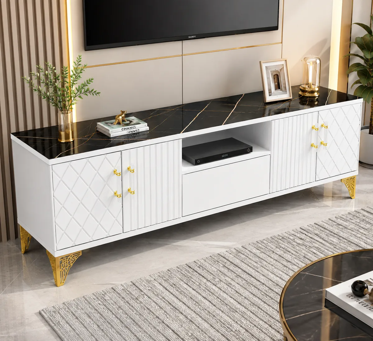 5.5FT Luxury Modern TV Stand with Marble-Effect Top – White & Gold Entertainment Unit - Image 3