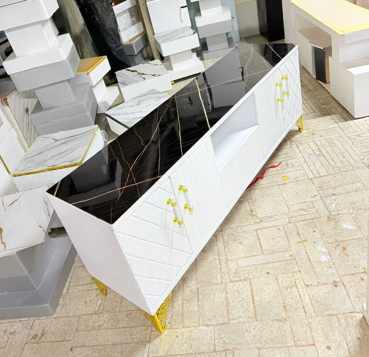 5.5FT Luxury Modern TV Stand with Marble-Effect Top – White & Gold Entertainment Unit - Image 3