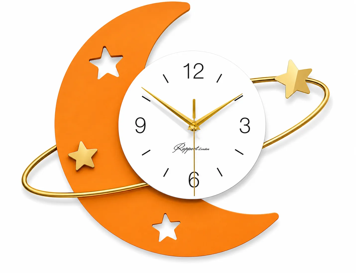 Modern Moon & Stars Wall Clock – Decorative Orange Crescent Design with Gold Accents