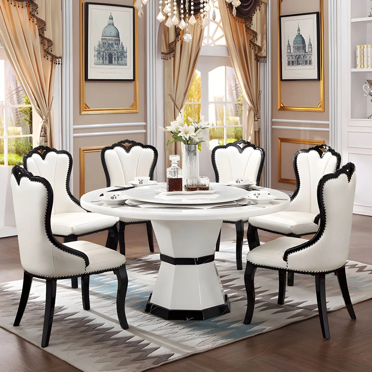 6-Seater Marble Dining Table with Turntable