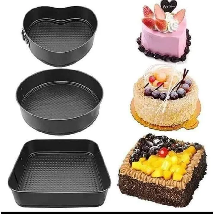 3pcs Non-Stick Springform Cake Baking tins/moulds Square,Round, Heart. baking trays/tins Black normal
