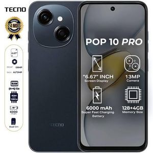 Tecno POP 10 Pro - 6.67" HD+, 128GB ROM + upto 8GB RAM, 6000mAh Battery, Dual SIM, 13MP BN