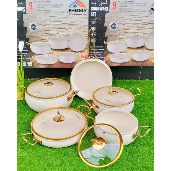 Phisima 9 Piece Non Stick Cookware Set Premium Granite Coated Pots and Pans with Glass Lids Heat Resistant Handles for Modern Kitchen Cooking White Color - Image 2