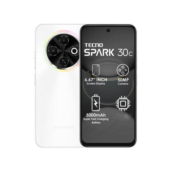 Tecno Spark 30c, 6.67'' HD+, UP to 8GB RAM + 128GB ROM (Dual Sim) 50MP, 5000 mAh - Orbit White