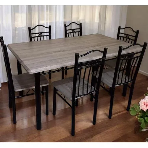 Modern 6-Seater Wooden Dining Table Set with Metal Frame & Cushioned Chairs