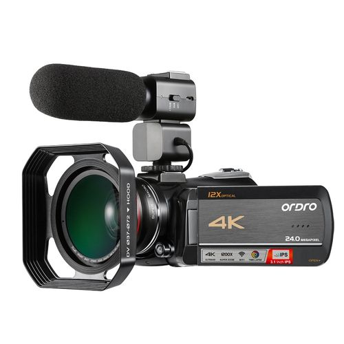 Ordro AC5 4K HD Night Vision WiFi 12X Optical Zoom Digital Video DV Camera Camcorder, Style:Standard + Microphone(Black)