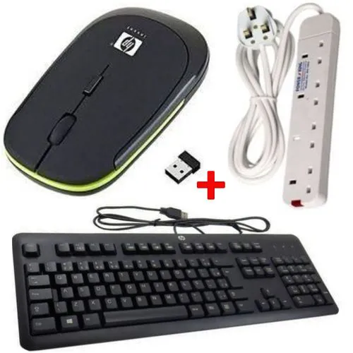 HP Quality Wireless Optical Mouse + HP Keyboard +4 Way Extension Sockets