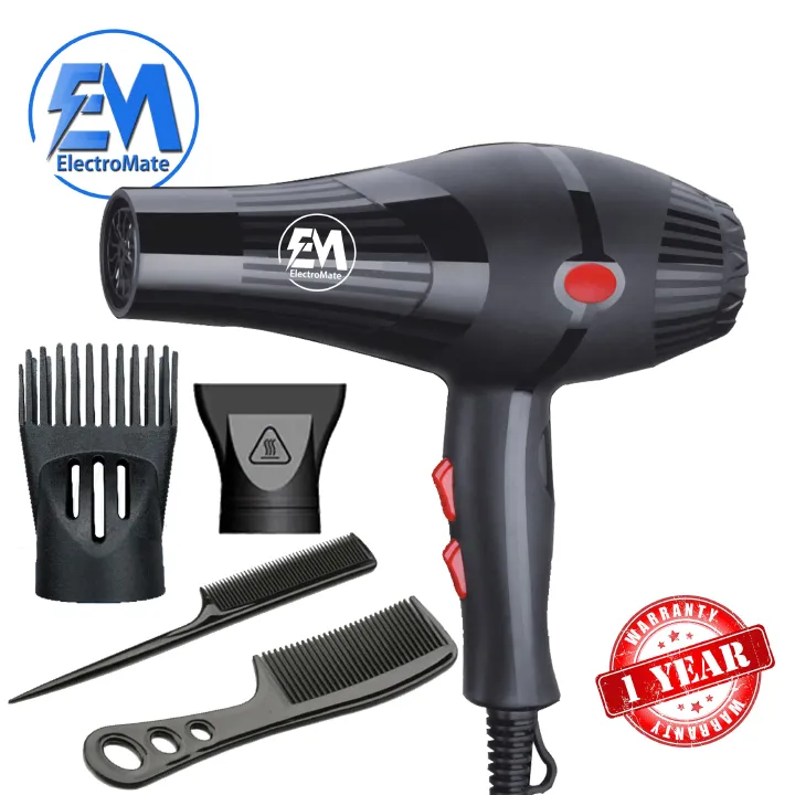 EM Blow Dryer Hair Blower 2200W with 3 Speed & 2 Temperature Settings – Includes 2 Styling Nozzle & 2 Comb Attachments for Versatile Hair Styling ElectroMate