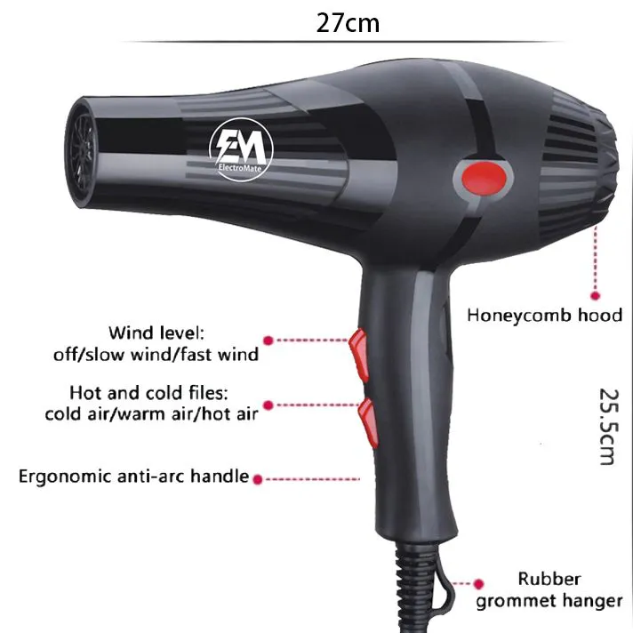 EM Blow Dryer Hair Blower 2200W with 3 Speed & 2 Temperature Settings – Includes 2 Styling Nozzle & 2 Comb Attachments for Versatile Hair Styling ElectroMate - Image 5