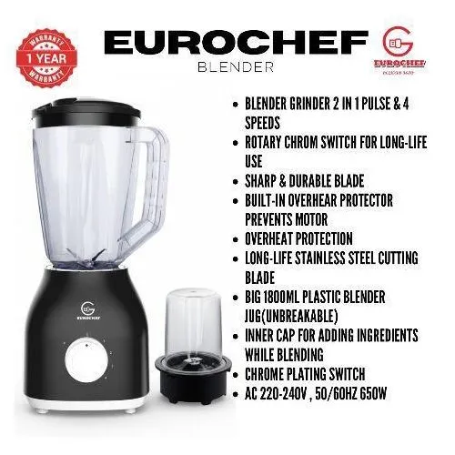 Eurochef 1.5L, 2 In 1 Quality Blender plus Grinder - Black (1 YR WRTY) - Image 2