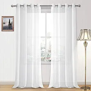 White Sheer Curtains for Living Room Bedroom - Faux Linen Look Voile Drapes Grommet Top Window Curtain Panel each 1.5 m. (3m wide) by 3m(length), Set of 2 Panels - Image 2
