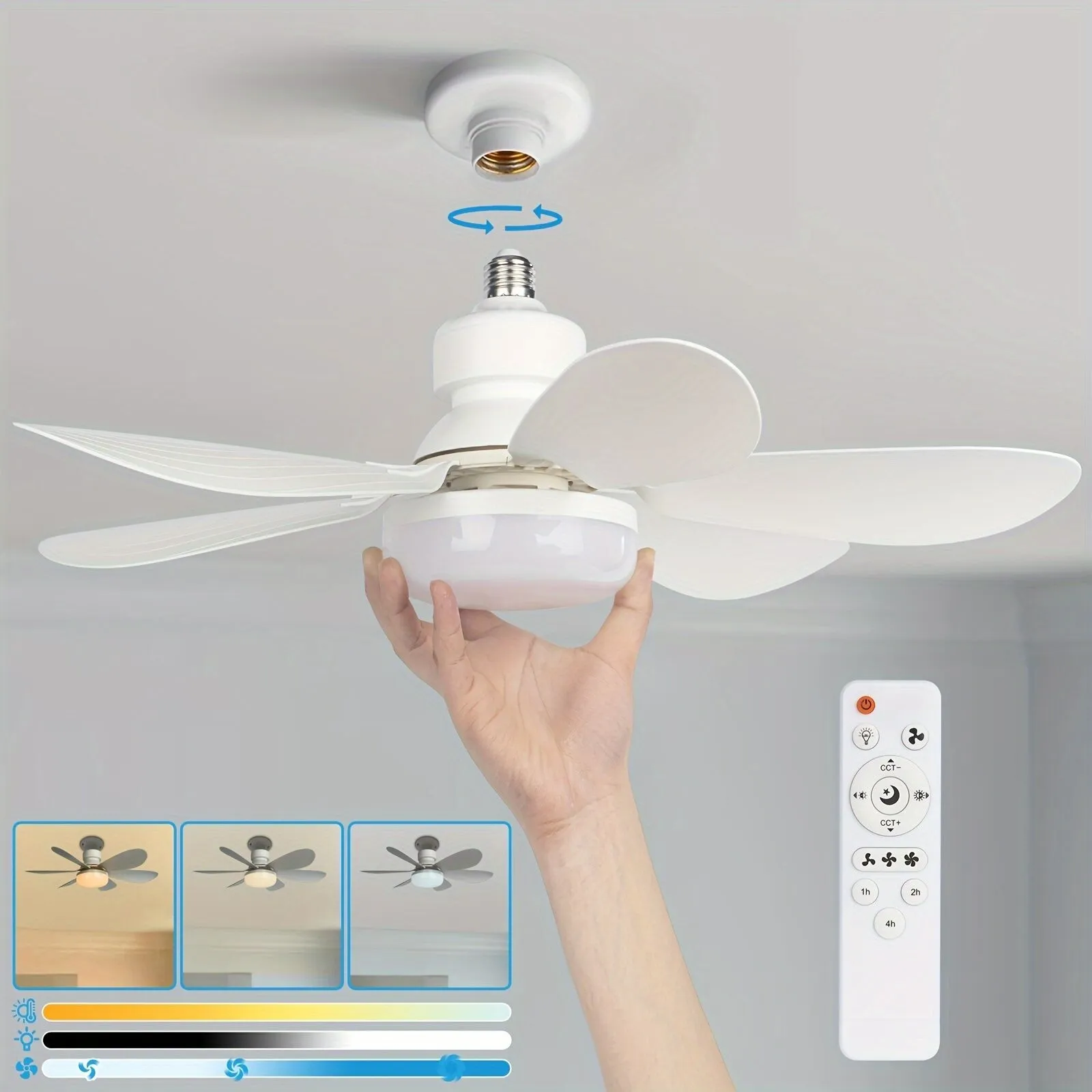 Socket Fan Light, 21.5" Screw Ceiling Fan with Light and Remote, E27 Socket Fan