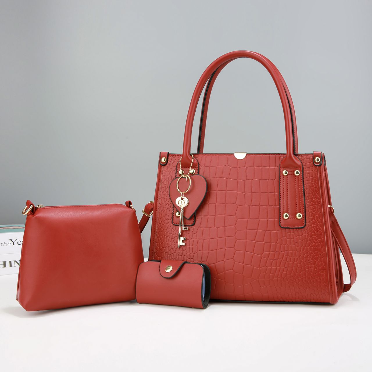 3-in-1 Croc-Embossed Brown Handbag Set - Image 3