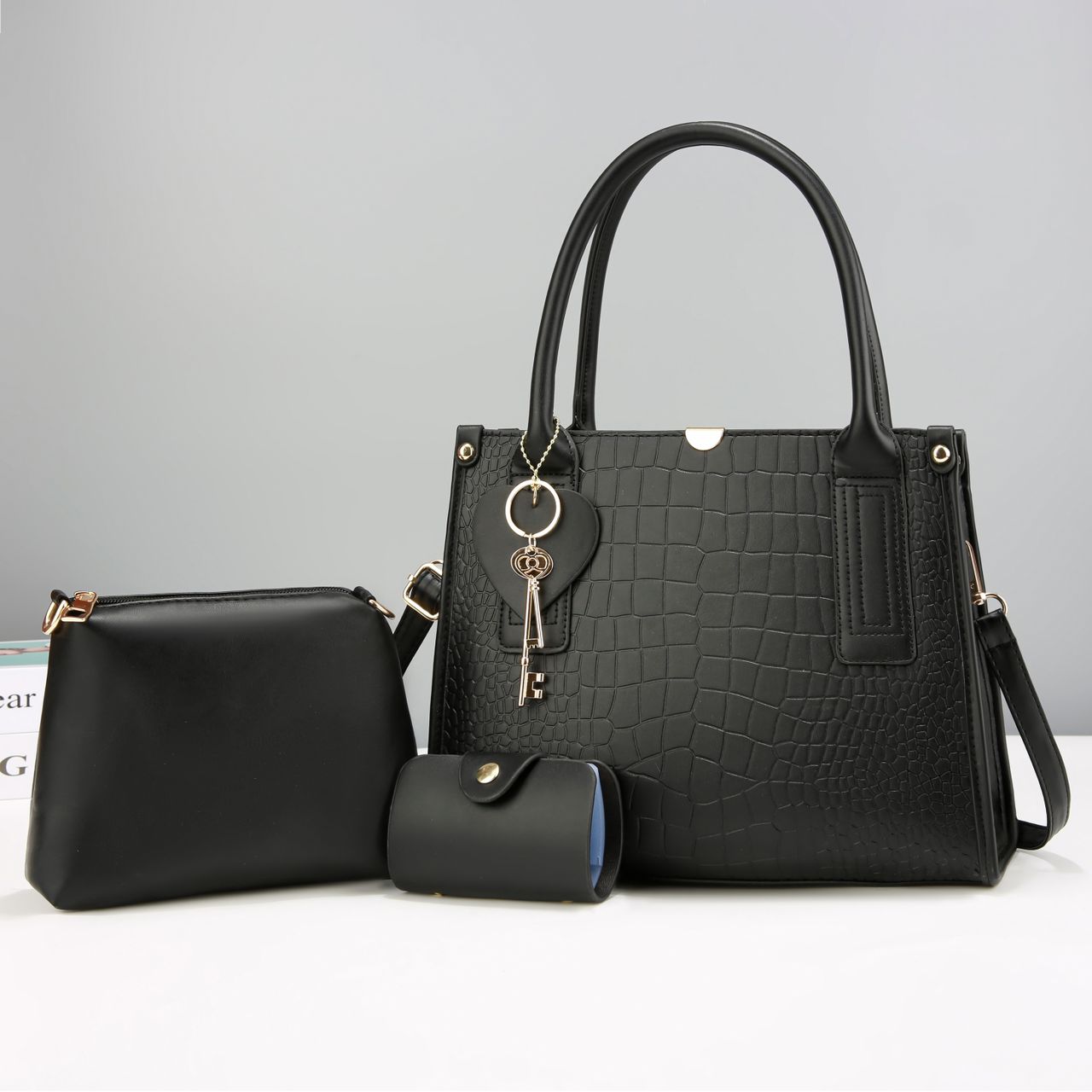 3-in-1 Croc-Embossed Red Handbag Set - Image 3