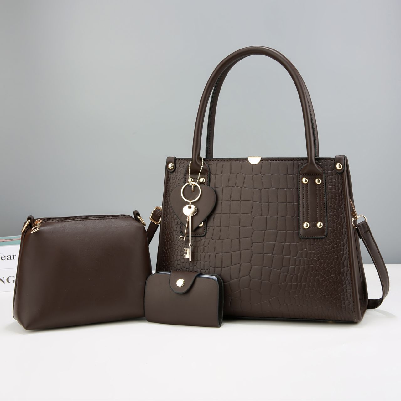 3-in-1 Croc-Embossed Brown Handbag Set - Image 5