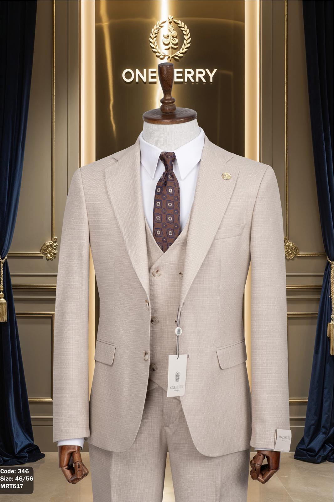 Men’s 3-Piece Classic Slim Fit Beige Suit – Code 346