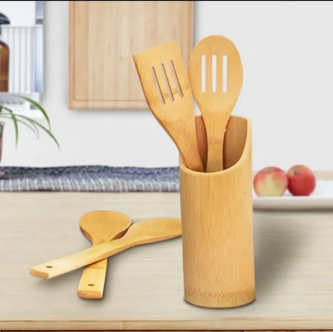 4pc bamboo cooking spoons + holder ~mwiko set - Image 3