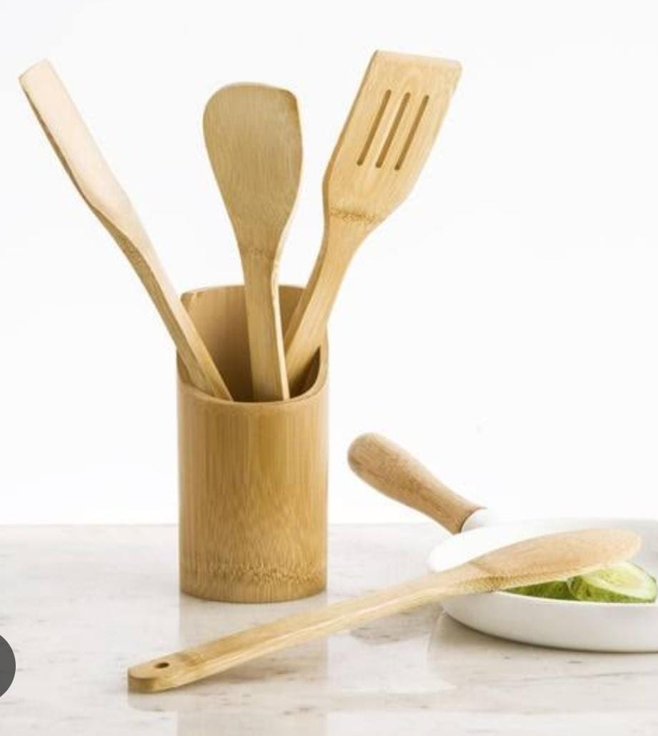 4pc bamboo cooking spoons + holder ~mwiko set - Image 2