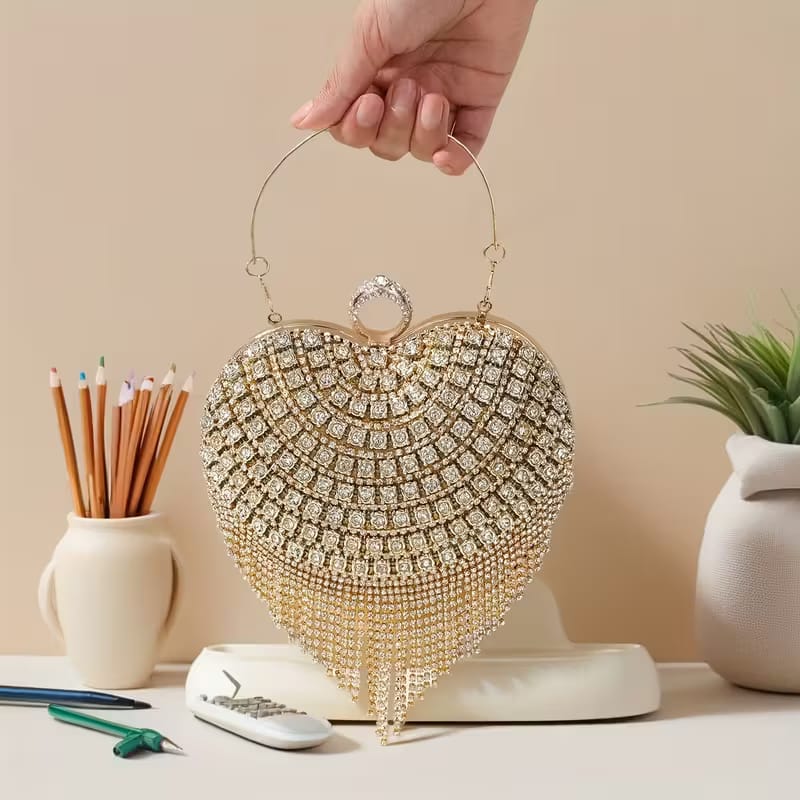 Heart-shaped Evening Clutch bag with Rhinestones and Tassel Details - Image 2