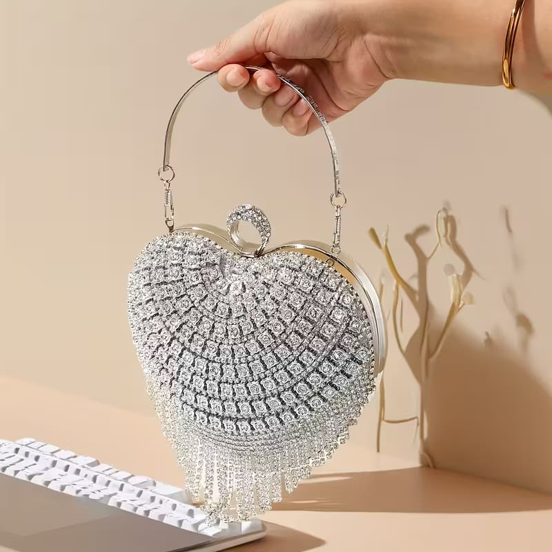 Heart-shaped Evening Clutch bag with Rhinestones and Tassel Details - Image 3