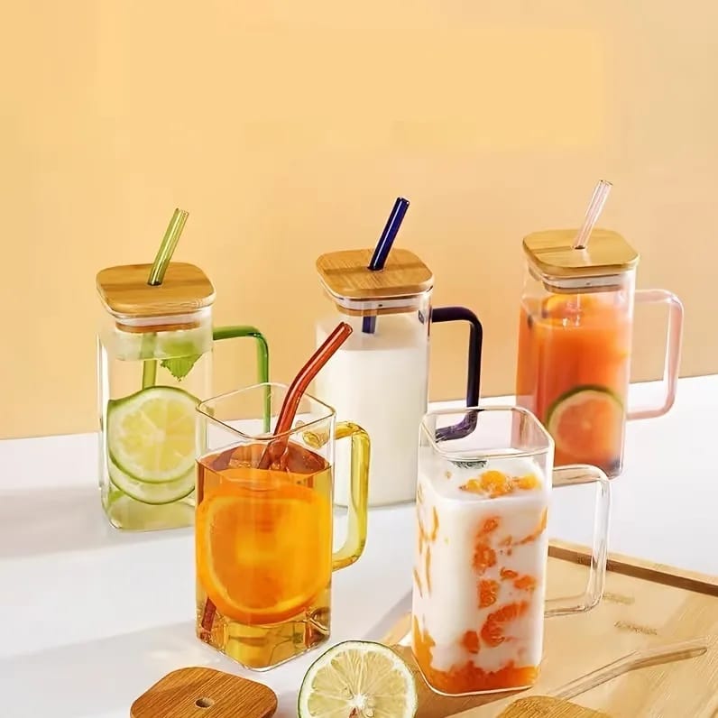 Square Smoothie Glass Cups with Bamboo Lid with straw - Image 2
