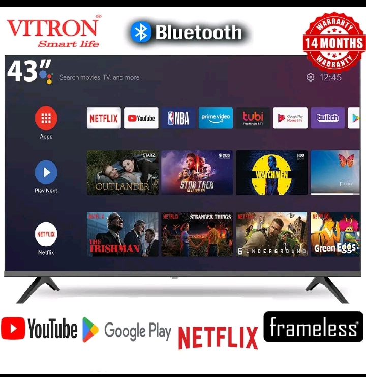 BLUETOOTH VITRON 43" INCH FRAMELESS FULL- HD SMART TV ANDROID TV NETFLIX ,YOUTUBE TELEVISION INBUILT DECODER , BUILT-IN WIFI, APP STORE 1GB-RAM 8GB-ROM 2*USB PORTS,3*HDMI