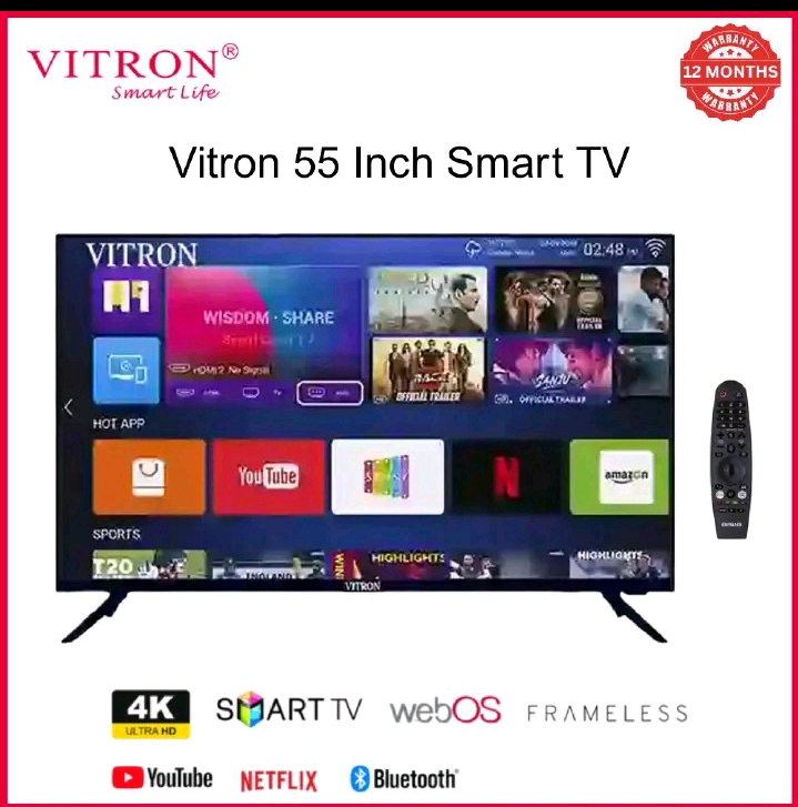 Vitron 55-inch  WebOS Frameless Smart TV HTC5588USWC 55-inch Frameless  4K UHD TV WebOS Operating System Built-in Wi-Fi Netflix YouTube Magic Remote Support HDMI/USB Port Dolby Audio 2GB RAM + 9GB ROM
