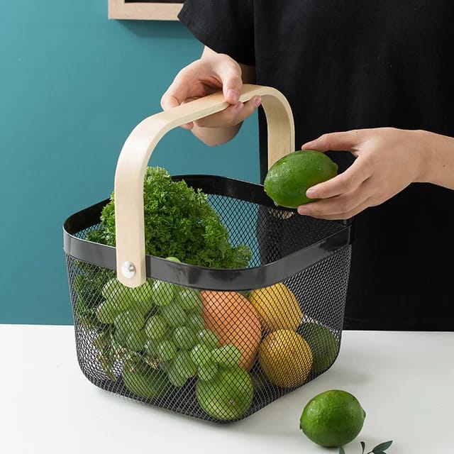Mesh Storage|fruit basket with bamboo handles - Image 2