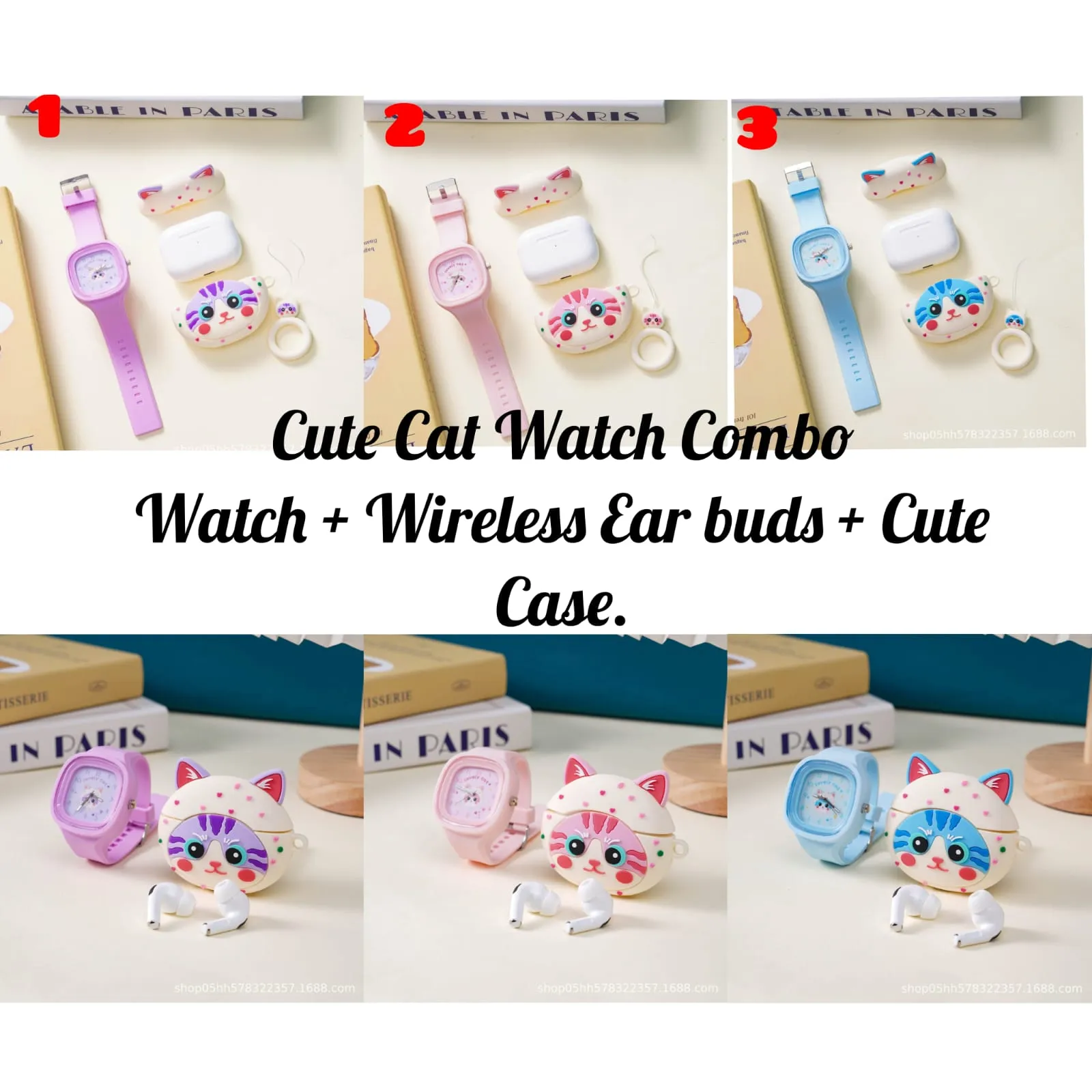 Cute Cat Watch Combo – Watch, Wireless Earbuds, and Case