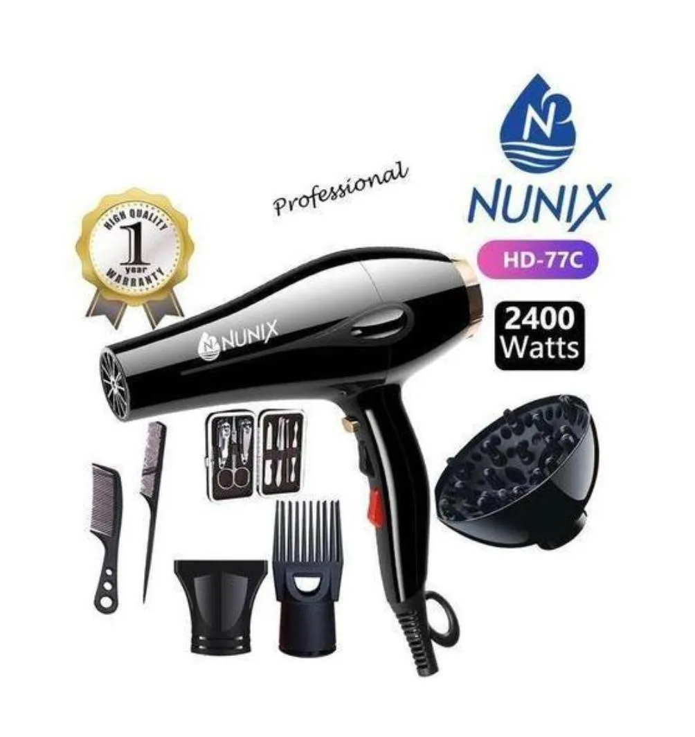 Nunix Professional Blowdry Machine With 2 Speeds And 4 Heat Settings. 2400W Power. Diffuser + Two Combs + Two Nozzles +Nail Set.