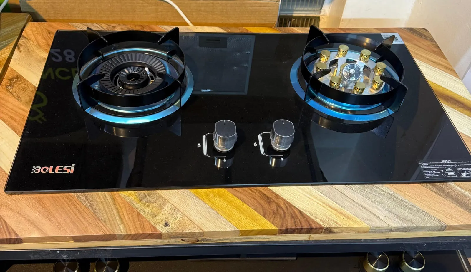Bolesi hob 2 burners with sensor and wok burner inbuilt glass tampared gas hod