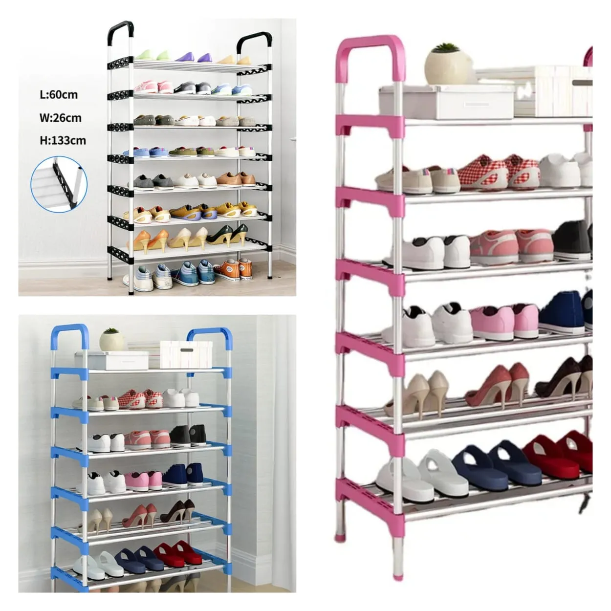 ‼️Restocked‼️  7 tier Adjustable shoe rack   Color : 🖤 black ,pink,blue