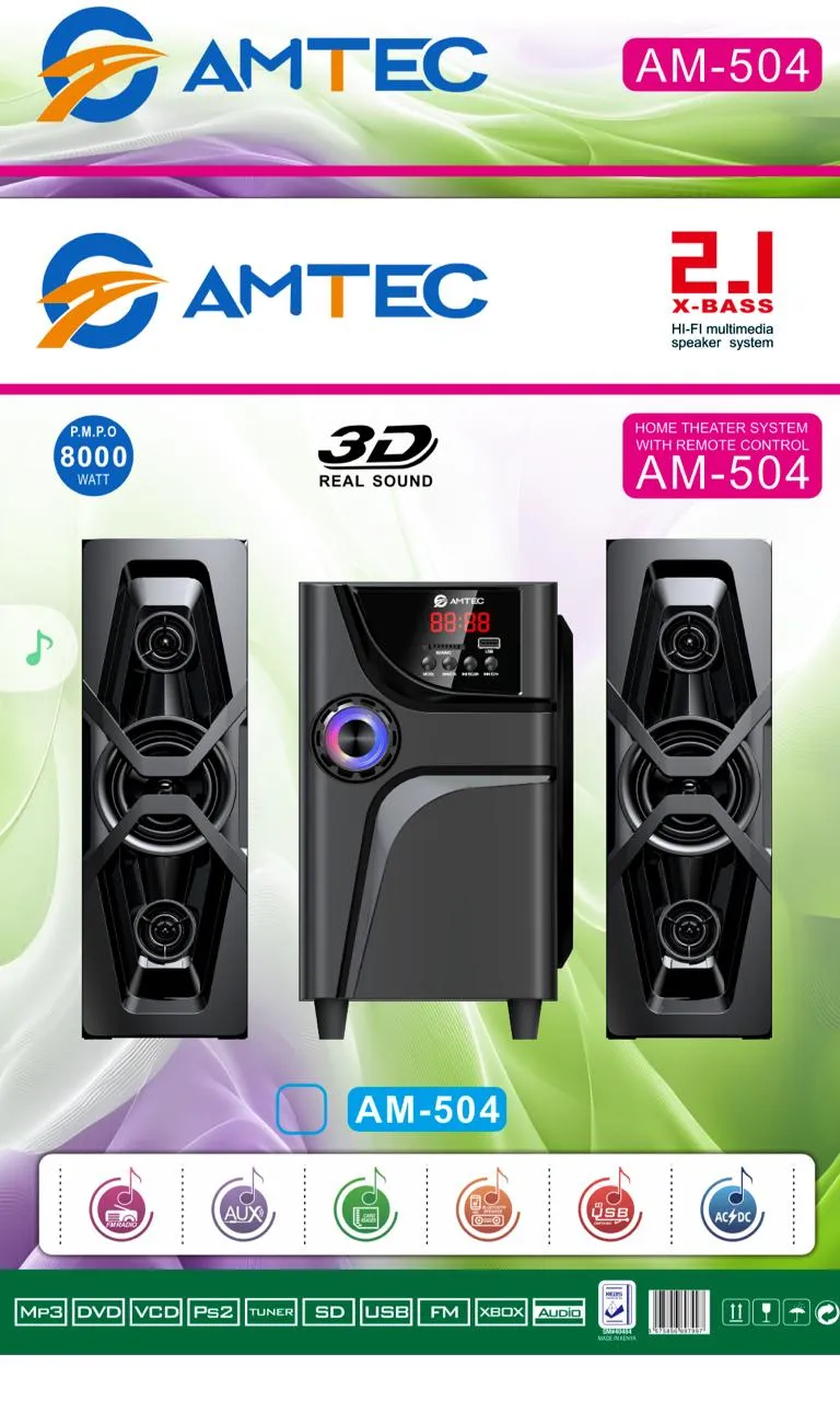 Amtec AM-504 2.1-channel X-Bass MultiMedia Speaker System, 8,000W (PMPO) ,AC/DC Input, with Bluetooth, USB, SD card, AUX, and FM tuner support, with Remote control