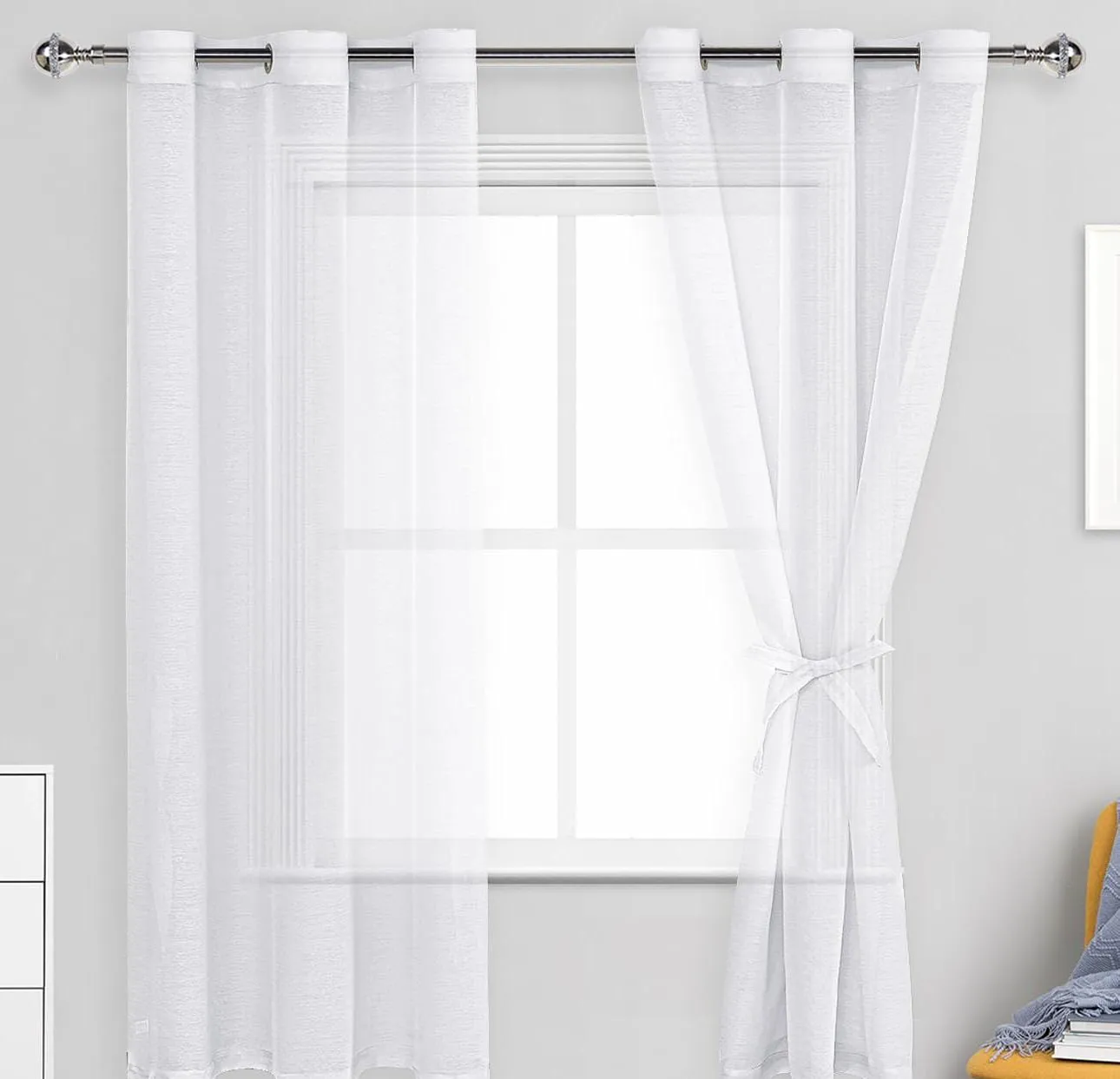 White Sheer Curtains for Living Room Bedroom - Faux Linen Look Voile Drapes Grommet Top Window Curtain Panel each 1.5 m. (3m wide) by 3m(length), Set of 2 Panels