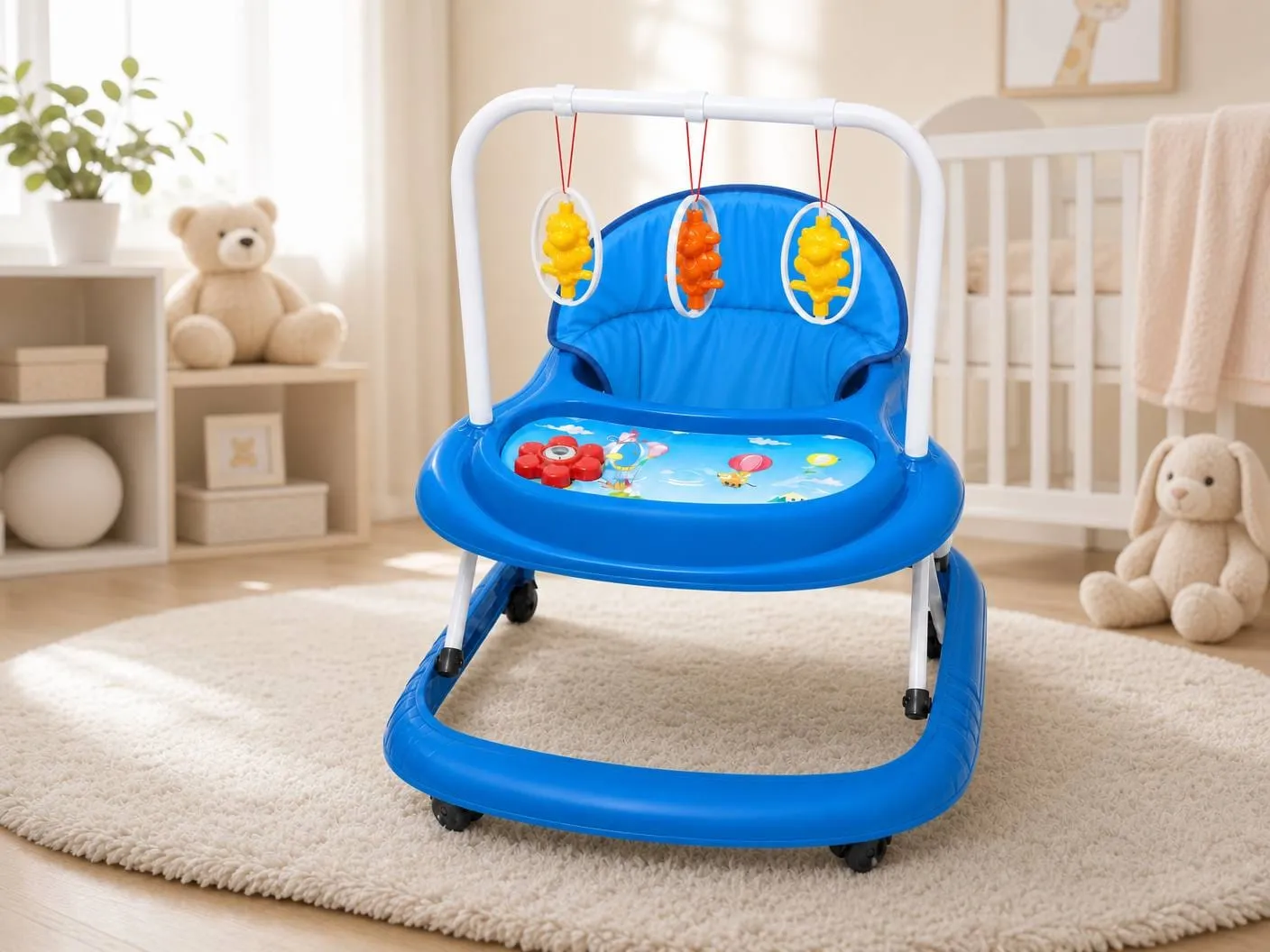 Blue 3-in-1 Interactive Baby Walker with Musical Toy Tray & Adjustable Height
