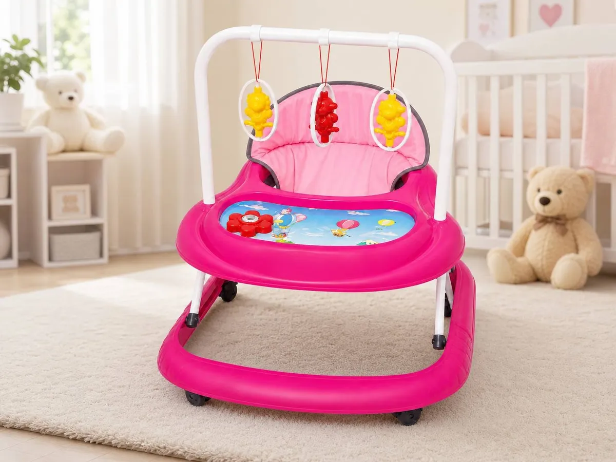 Pink 3-in-1 Interactive Baby Walker with Musical Toy Tray & Adjustable Height - Image 2