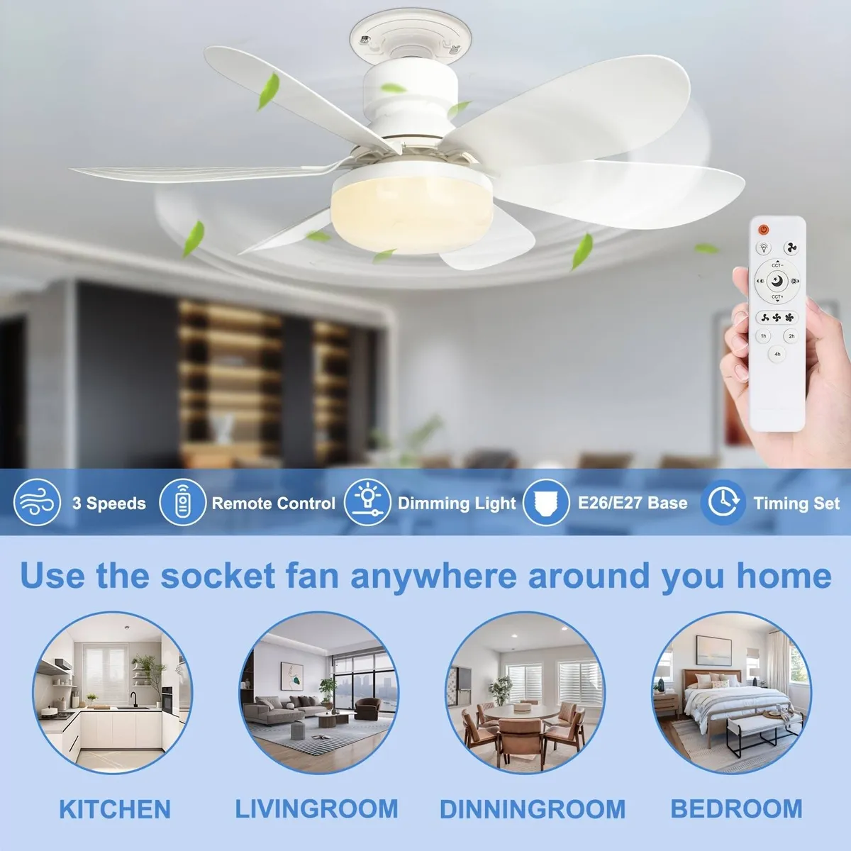 Socket Fan Light, 21.5" Screw Ceiling Fan with Light and Remote, E27 Socket Fan - Image 3
