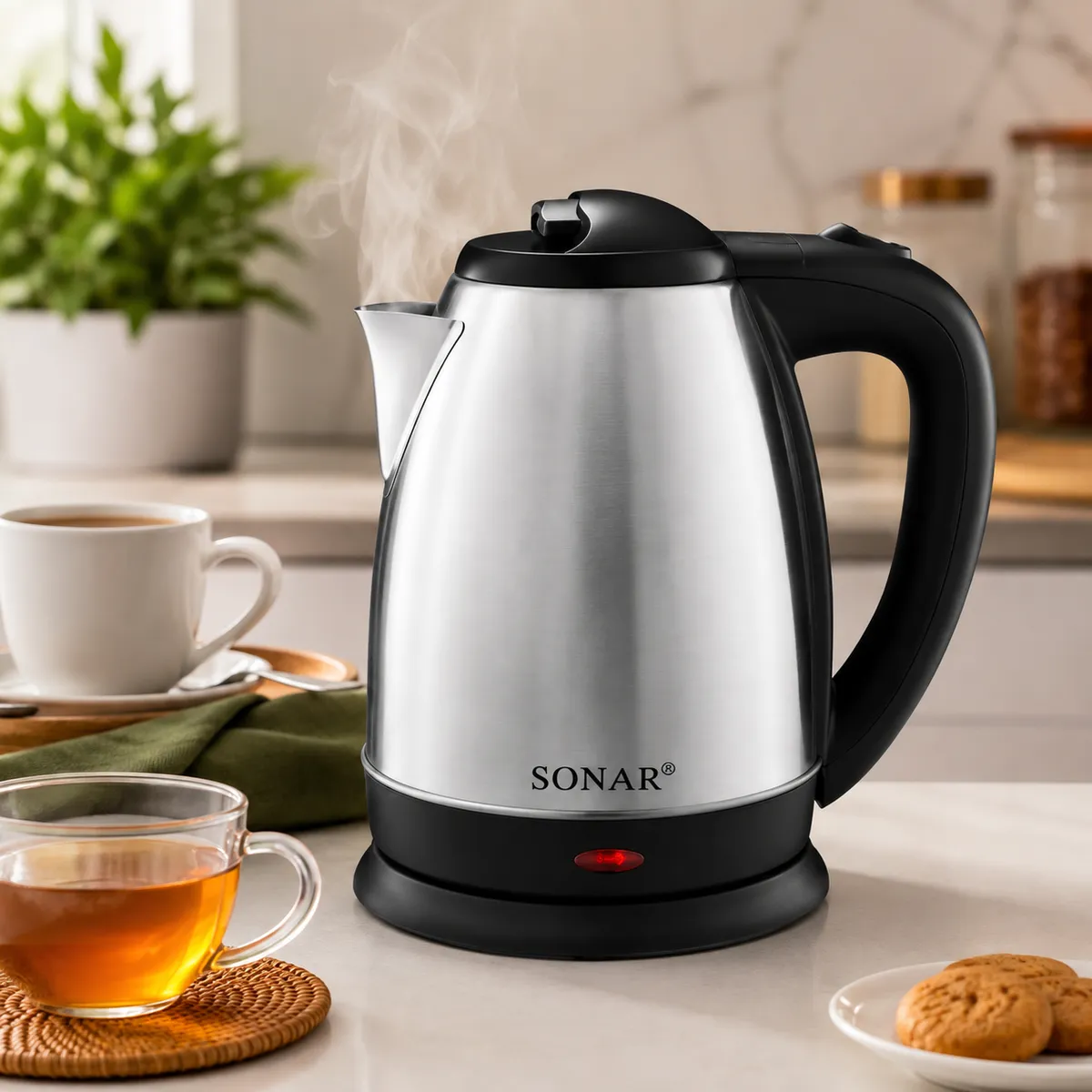 Sonar Stainless Steel 1.8Ltr Electric Kettle,1.5m Power Cord,1500W Fast Boil - Silver & Black - Image 3