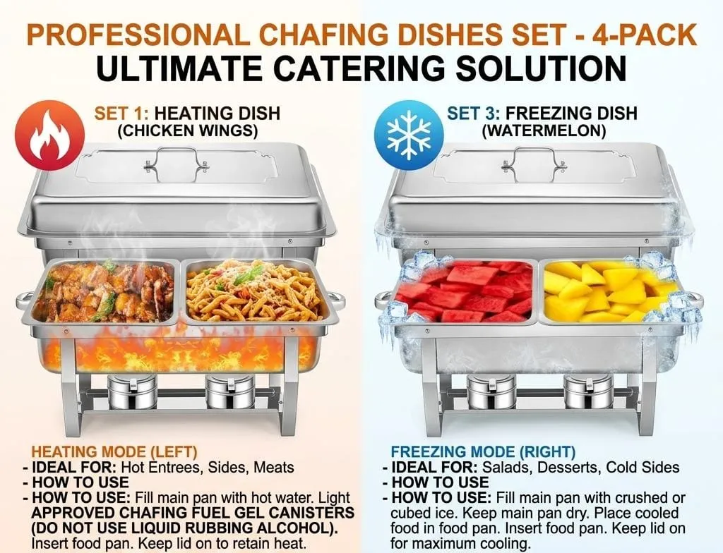 Stainless Steel Chafing Dish Set with Lids, Food Pans and Fuel Canisters