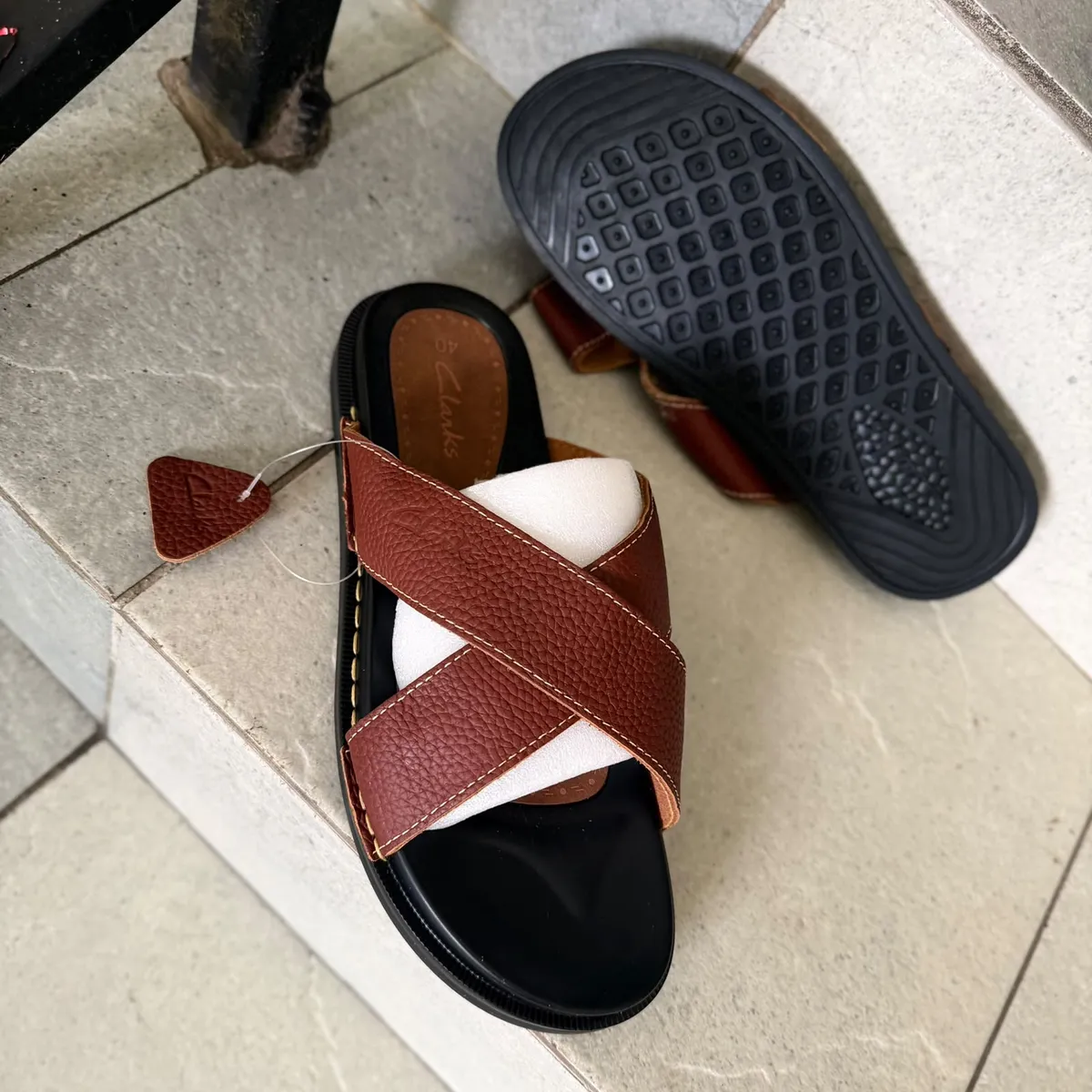 Clarks Brown Crisscross Leather Slide Sandals - Image 4